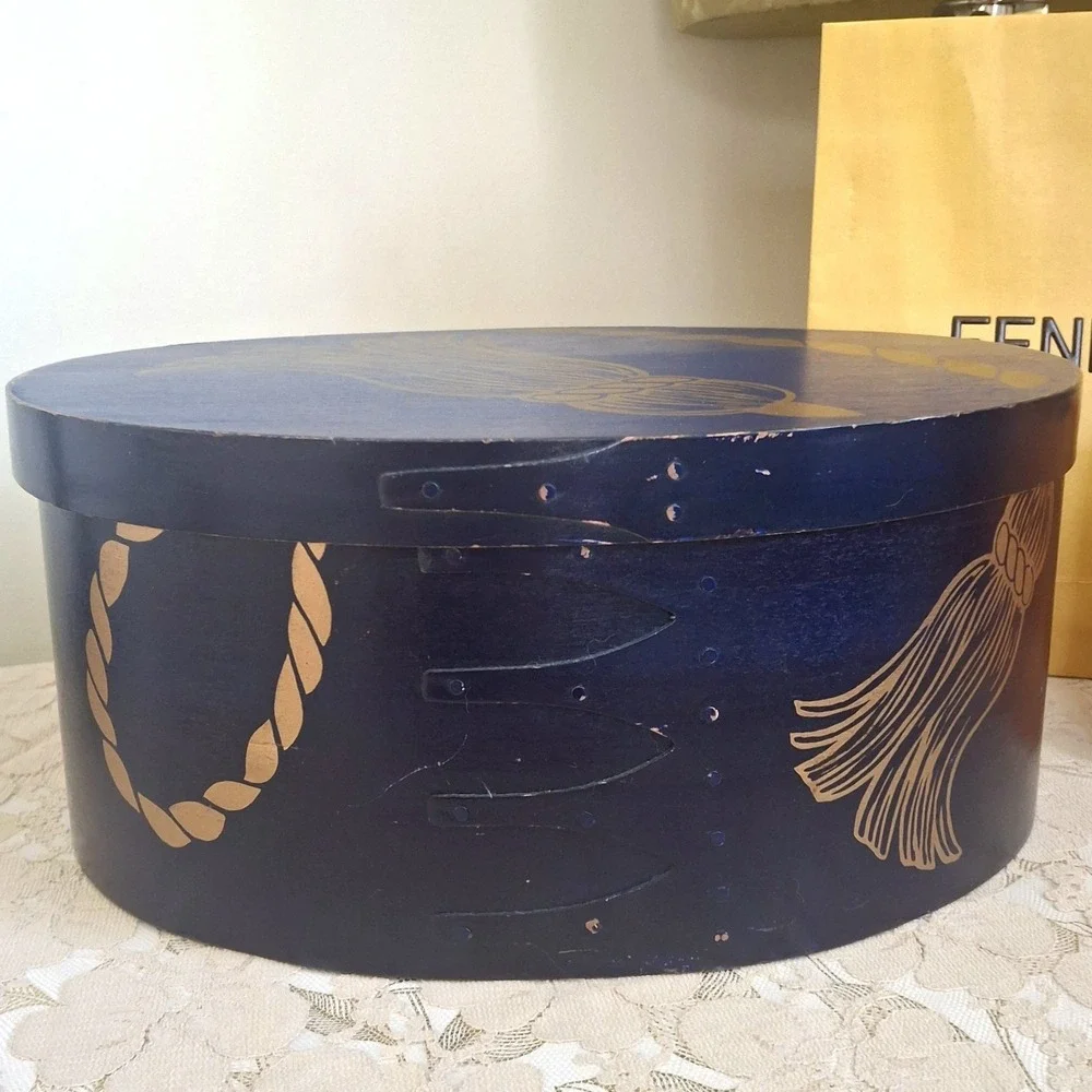 Alexandra deMarkoff Vintage Blue Wooden Shaker Box with Painted Gold Tassels